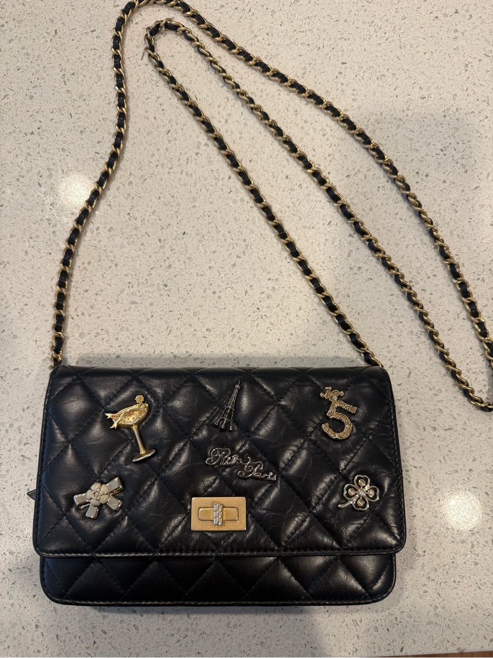 CHANEL Charm WALLET ON CHAIN Black Quilted Leather